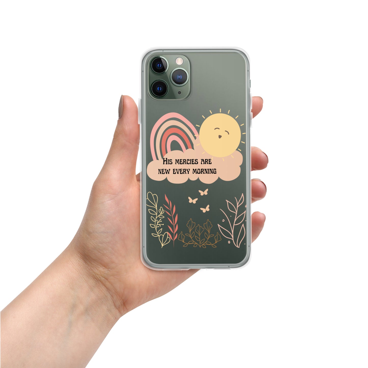 His Mercies are New Every Morning clear iPhone case, Bible Verse, Scripture Transparent Phone Case for iPhone 14 Pro Max 13, 12, 11, 7/8